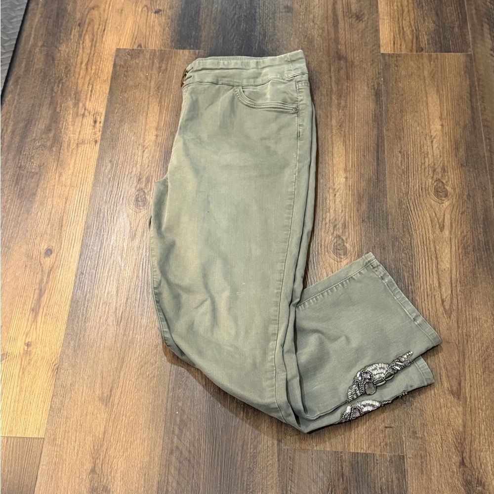 Soft Surroundings Olive Green Cropped Jeans with Embellished Ankles - Picture 8 of 10